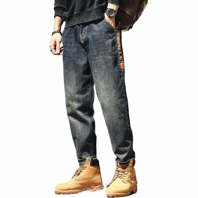 格蓝鹿 美式重磅复古高街潮牌小众设计感宽松水洗锥形弹力休闲牛仔裤 男女同款 蓝色