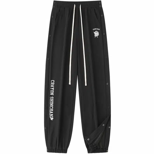 蜡笔小新 侧开排扣卡通字母印花宽松休闲束脚针织运动裤 男女同款