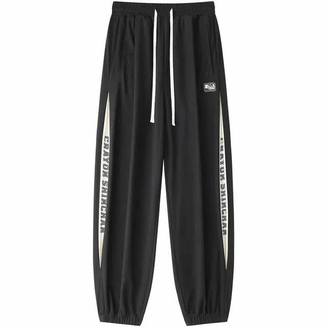 蜡笔小新 侧边拼接品牌字母印花休闲宽松弹力透气束脚针织运动裤 男女同款