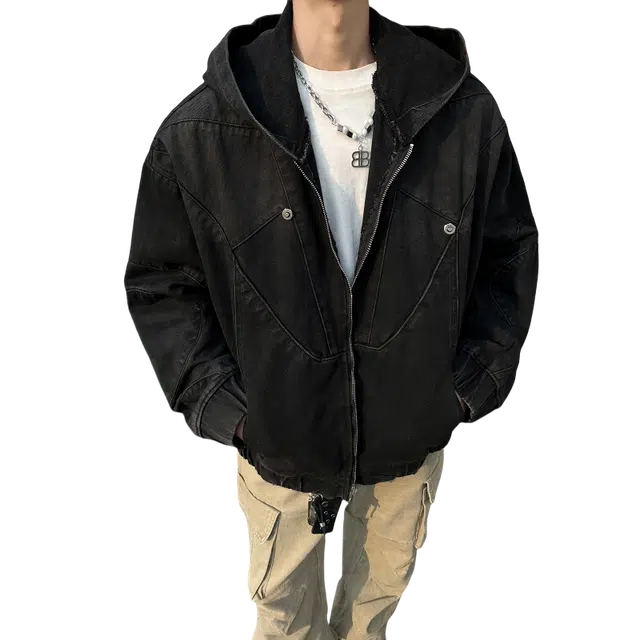 北极绒 水洗做旧解构座山雕美式宽松长袖夹克外套 男款 黑色