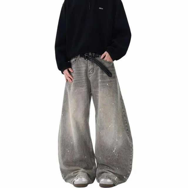 宝米卡 复古水洗做旧泼墨弯刀潮牌美式街头宽松裤子牛仔裤 男女同款 灰色