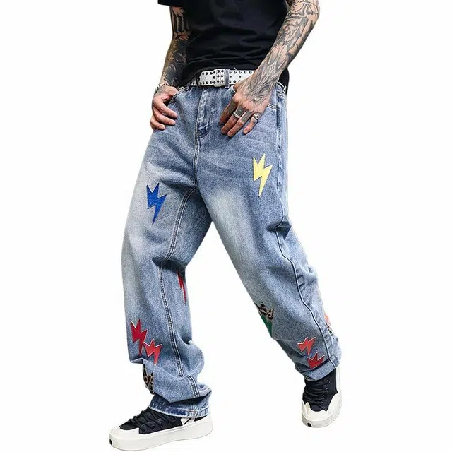 宝米卡 美式复古高街小众设计水洗做旧直筒宽松牛仔裤 男女同款 蓝色