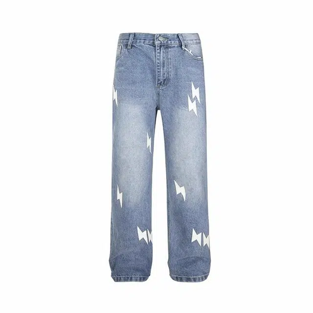 宝米卡 美式贴皮闪电刺绣水洗直筒宽松牛仔裤 男女同款 蓝-白