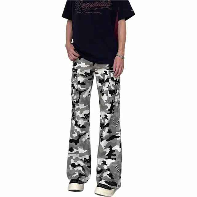 宝米卡 美式复古微喇显瘦工装宽松休闲直筒慵懒牛仔裤 男女同款 迷彩