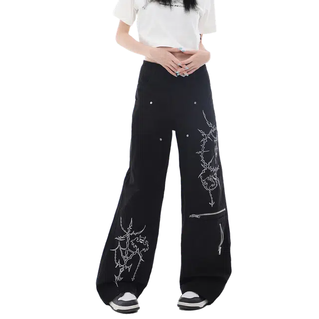 梁拌泡菜 暗夜吊灯幽灵刺绣印花撞钉宽松直筒阔腿休闲牛仔裤 男女同款 黑色