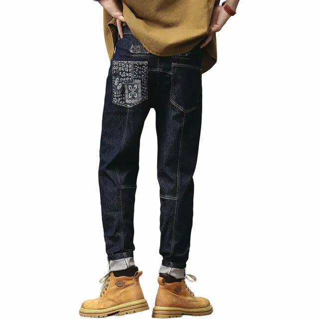 格蓝鹿 夏季 复古赤耳阿美咔叽美式丹宁中腰合身直筒拉链长裤牛仔裤 男女同款 深蓝