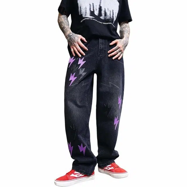 宝米卡 美式复古水洗闪电皮标贴布直筒宽松百搭牛仔裤 男女同款 黑色