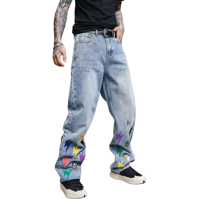 宝米卡 贴皮美式闪电牛冰蓝复古水洗宽松直筒五彩闪电牛仔裤 男女同款 蓝色