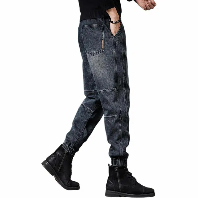 贵色 高端美式复古街头痞帅拼接束脚商务风大码潮牌工装裤牛仔裤 男女同款 蓝色