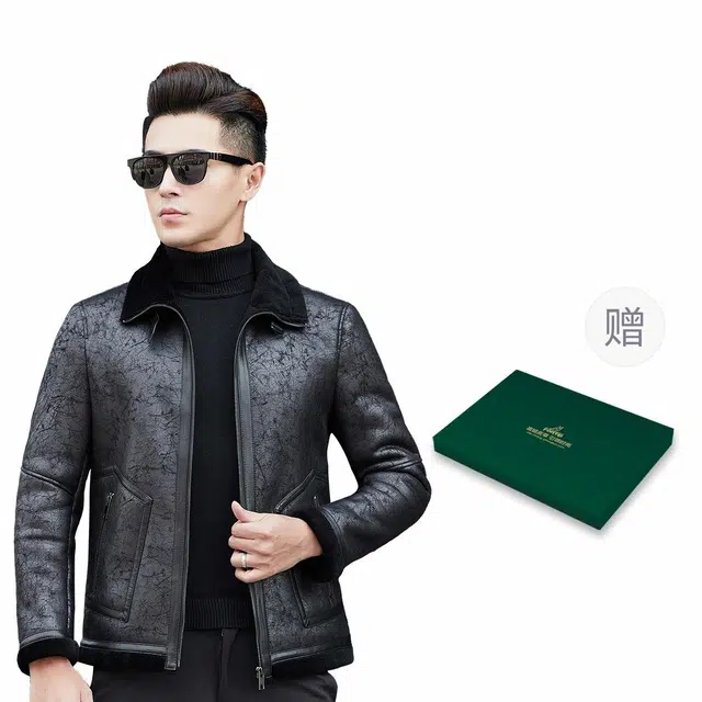 富铤 纯色厚款合身皮衣 男款 黑色
