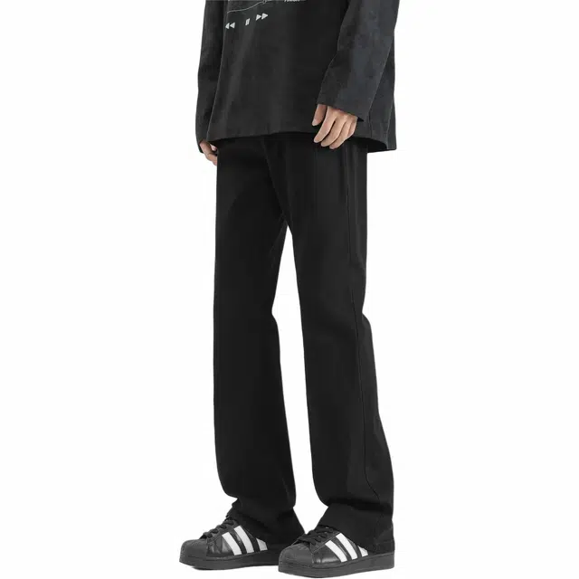 八哥 高街复古美式水洗休闲潮流阔腿时尚凉感拉链做旧嘻哈街头弹力喇叭宽松中腰纯色牛仔裤 男女同款