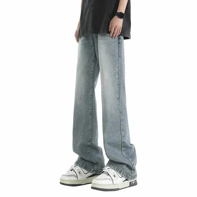 八哥 高街美式休闲宽松水洗做旧微喇弯刀裤纯色简约基础款潮牌时尚弹力显高显瘦柔软不硬户外休闲运动日常通勤牛仔裤 男女同款