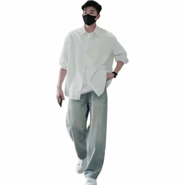 沃马 宽松直筒休闲美式高街弯刀水洗做旧通勤垂感微喇学院风流行简约牛仔裤 男款 浅蓝色