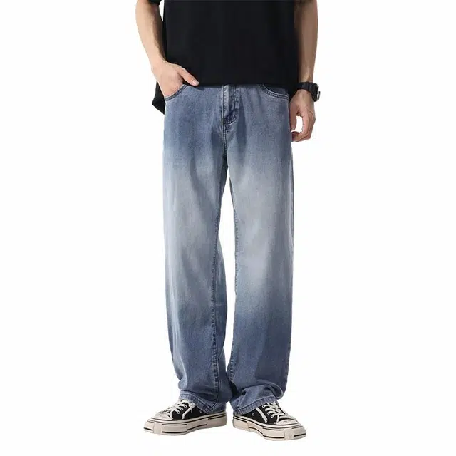 协协乐 渐变薄款宽松阔腿美式高街长裤牛仔裤 男款 浅蓝