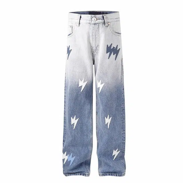 宝米卡 美式复古豹纹贴皮高盎司直筒做旧水洗百搭闪电牛仔裤 男女同款 蓝-蓝