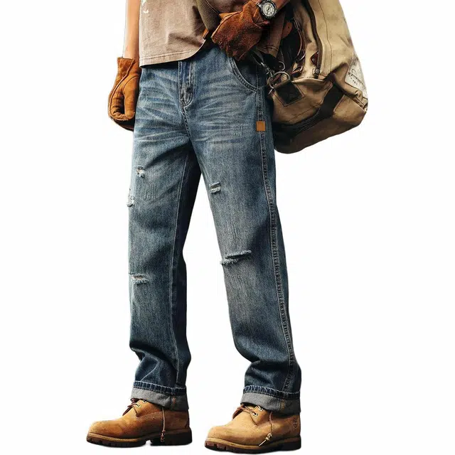 格蓝鹿 宽松拉链中腰直筒牛仔裤 男女同款 蓝色