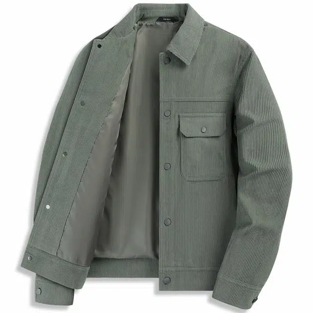 与狼共舞 灯芯绒时尚休闲百搭工装防风翻领夹克外套 男款 灰绿