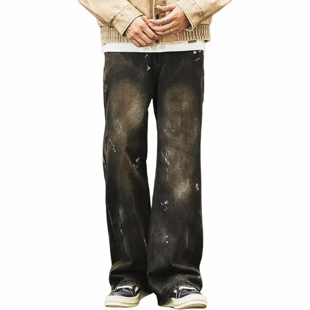 格蓝鹿 基础简约复古直筒休闲裤高街设计感牛仔裤 男女同款 脏染黑