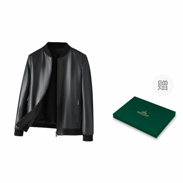 富铤 纯色棒球领拉链宽松长袖皮衣 男款 黑色