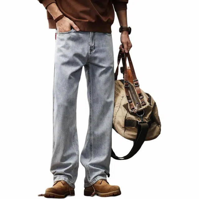 格蓝鹿 潮牌学院美式高街复古牛仔裤 男女同款 漂白蓝