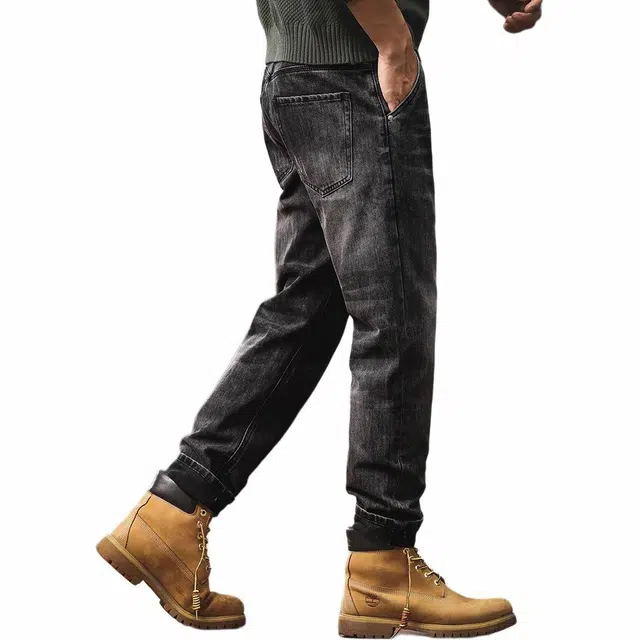 格蓝鹿 春季 潮牌水洗耐磨重磅锥形休闲牛仔裤 宽松 男女同款 黑灰