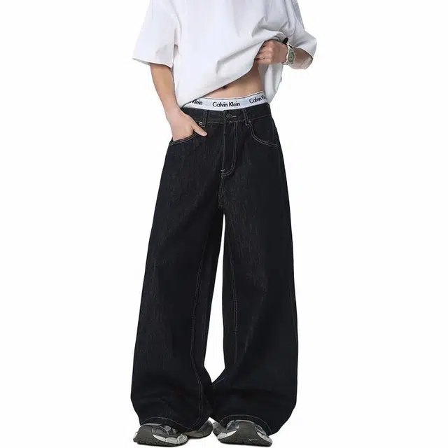 宝米卡 潮流简约直筒宽松舒适水洗潮牌休闲长裤牛仔裤 男女同款 深蓝色