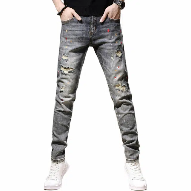 贵色 城市机能风美式泼墨破洞做旧口袋拼接修身小脚长裤牛仔裤 束脚 男女同款 蓝色