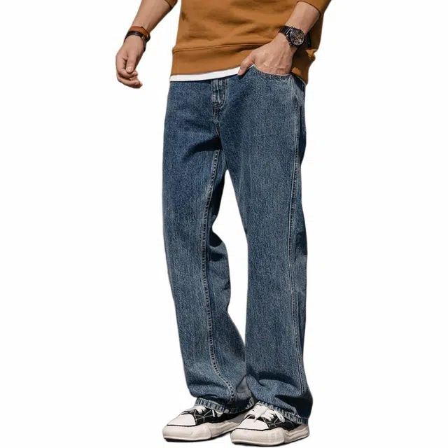 格蓝鹿 宽松直筒简约舒适美式基础款小众复古阔腿牛仔裤 男女同款 蓝色