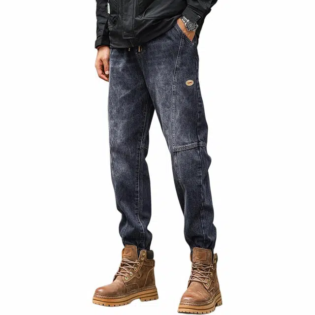 格蓝鹿 英伦风宽松上班通勤束脚徒步登山复古潮牌牛仔裤 男女同款 蓝黑