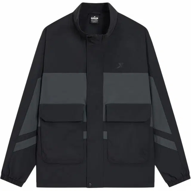 特步 篮球系列 拼接字母拉链立领舒适透气百搭运动风衣 男款 正黑色/瓦罐灰