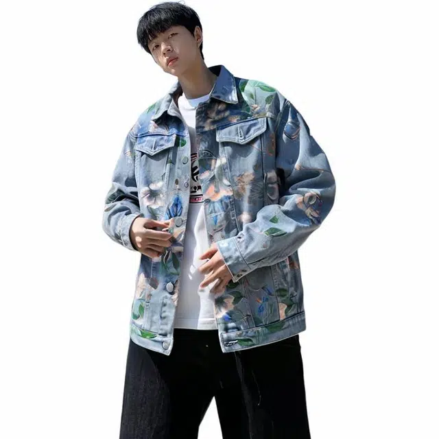 雅鹿 复古创意植物花卉图案美式学院风工艺水洗做旧百搭翻领落肩无性别主义宽松休闲单排扣牛仔夹克外套 男女同款 浅色