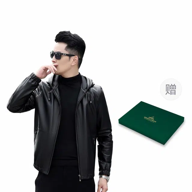 富铤 简约纯色头层牛皮连帽休闲耐脏真皮单皮夹克外套皮衣 男款