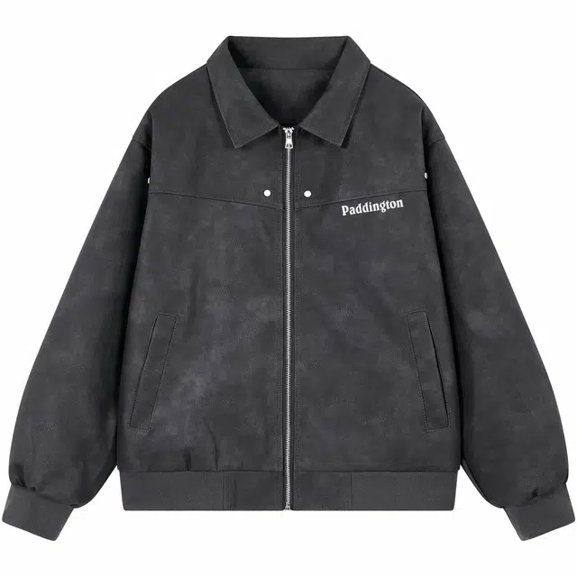 帕丁顿熊 简约字母印花美拉德复古做旧皮衣美式高街铆钉拼接休闲宽松机车防风夹克外套 男女同款