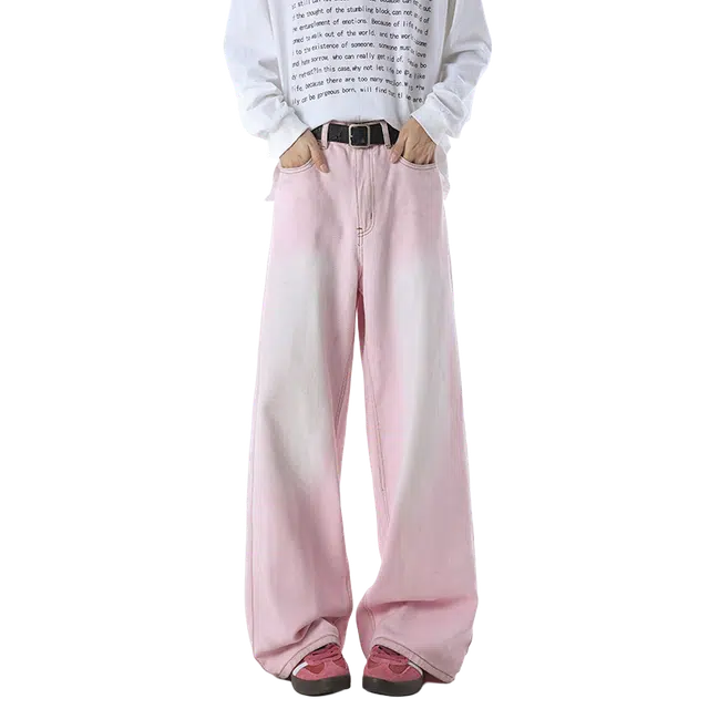 宝米卡 磨白渐变阔腿裤子韩系百搭宽松薄款休闲牛仔裤 男女同款 脏脏粉