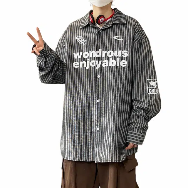 雅鹿 美式潮牌条纹个性字母无性别主义满印印花图案翻领设计百搭宽松休闲长袖夹克外套 男女同款