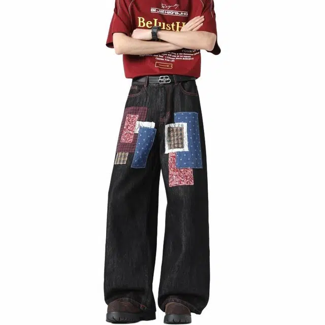 宝米卡 直筒时尚街头复古牛仔裤 男女同款 黑色