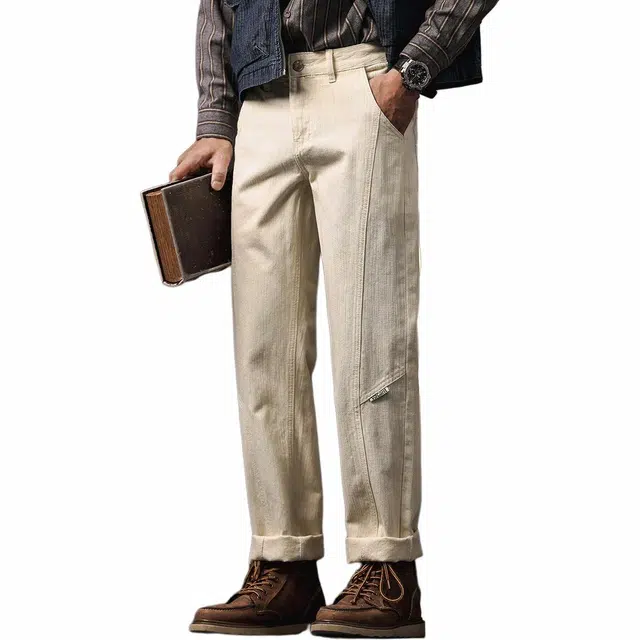 格蓝鹿 舒适百搭宽松直筒简约潮牌设计感牛仔裤 男女同款 米白