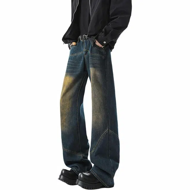 快鱼 美式高街复古水洗解构拼接拖地长裤简约潮牌日常基础款休闲百搭垂感直筒宽松阔腿弯刀牛仔裤 男女同款 蓝色