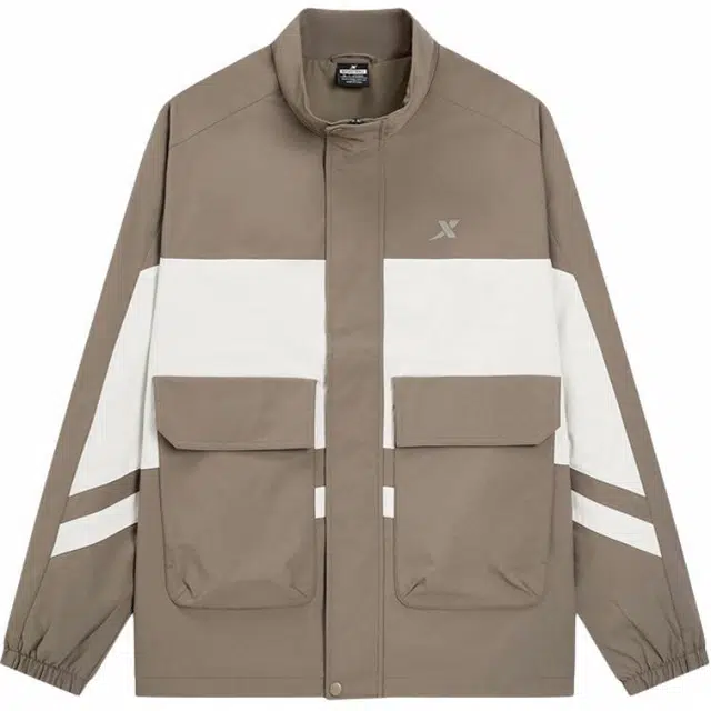 特步 篮球系列 拼接字母拉链立领舒适透气百搭运动风衣 男款 雷雨灰/明月白