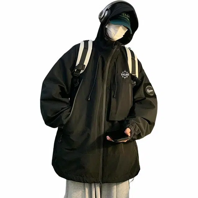 雅鹿 纯色拉链口袋拼接宽松休工装防风防水连帽夹克外套 男女同款