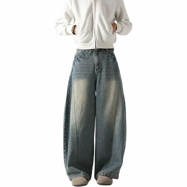 宝米卡 日系水洗弯刀美式高街宽松休闲牛仔裤 男女同款 复古蓝