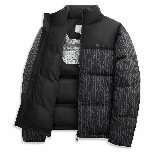 与狼共舞 时尚百搭拼接满印保暖易打理羽绒服 男款 黑色