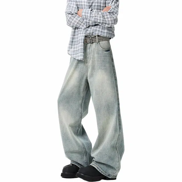 沃马 基础款复古重工微弹舒适亲肤透气宽松直筒美式弯刀水洗做旧牛仔裤 男女同款 浅蓝色