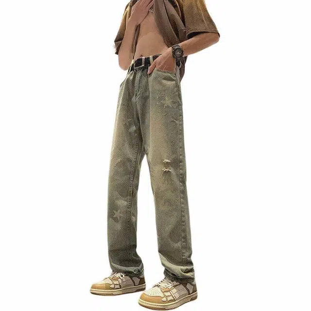 沃马 美式高街拼接做旧废土风高级感微喇牛仔裤 男女同款 黄泥色