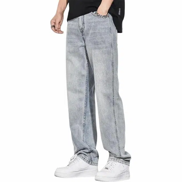 隐狼世家 做旧黄泥时尚舒适百搭牛仔裤 男款 浅蓝色