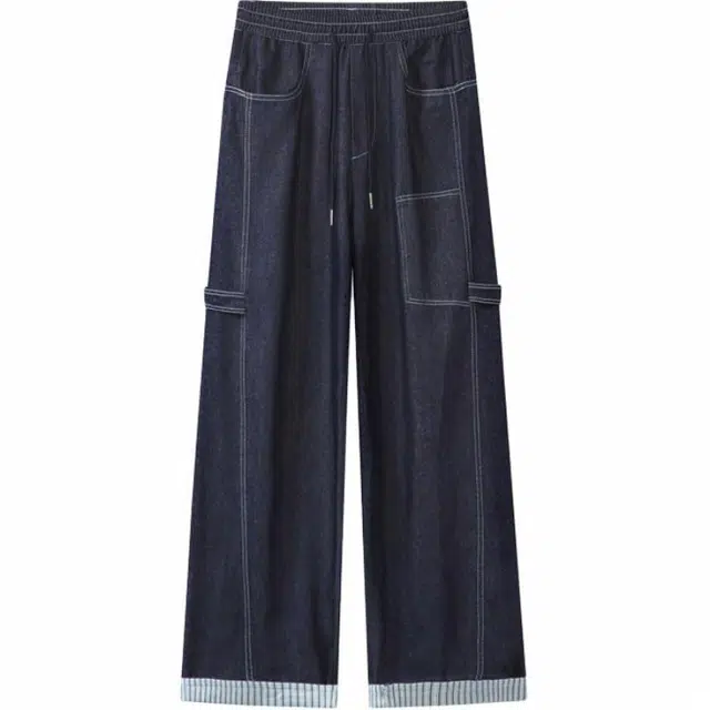 沃马 美式高街拼接弯刀水洗高级感宽松直筒阔腿拖地流行简约牛仔裤 男女同款 牛仔蓝