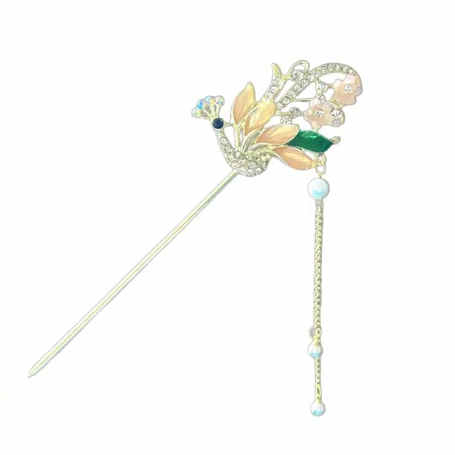 【凤凰于飞】 指尖瑰宝 新中式国潮复古孔雀花朵流苏发饰高级感优雅气质古风步摇汉服中式审美设计感 镀银 发簪 女款