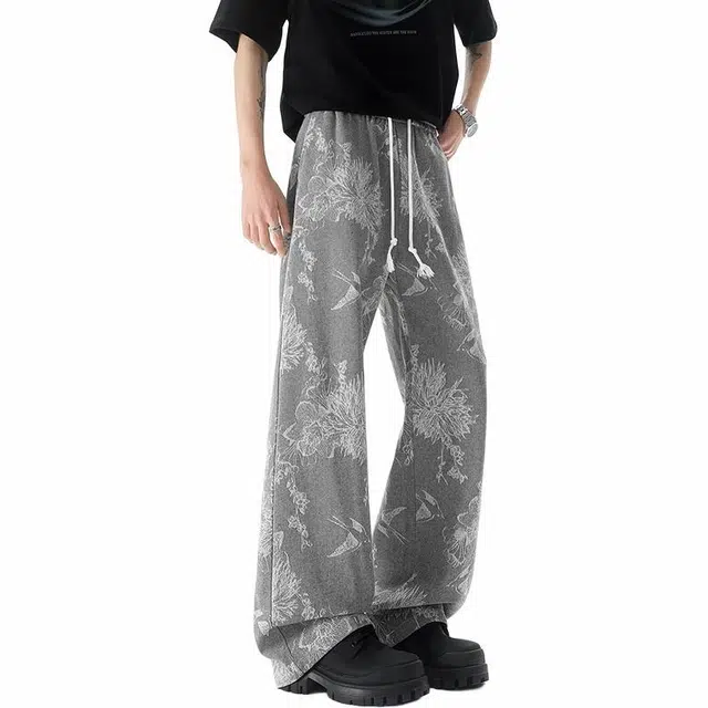 沃马 美式高街拼接垂感系带直筒牛仔裤 男女同款 灰色