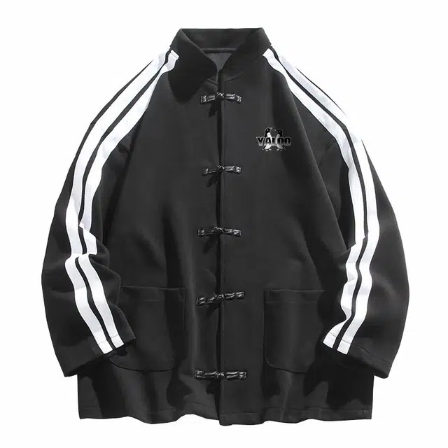 雅鹿 时尚新中式条纹拼接盘扣潮流重磅宽松休闲百搭品牌英文印花高级感长袖夹克外套 男女同款