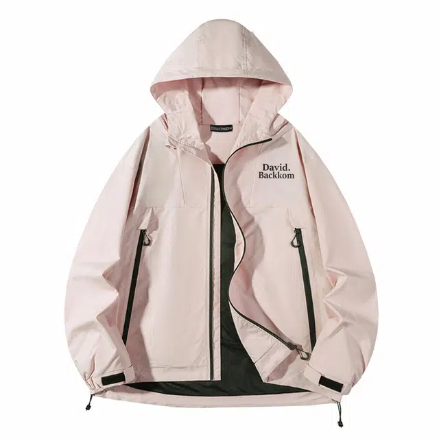 大卫贝肯 美式高街宽松百搭纯色工装基础款字母印花户外防风连帽夹克外套 男女同款 粉红